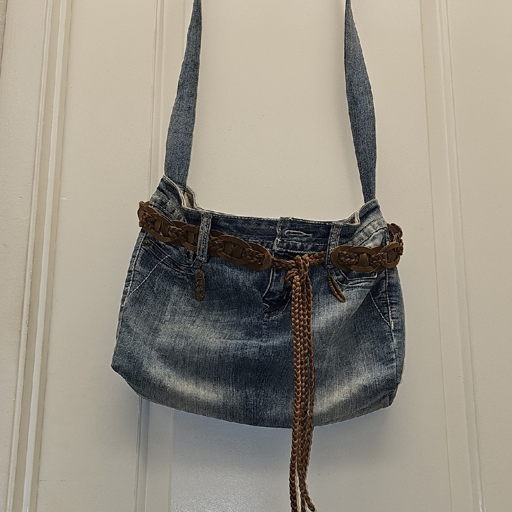Denim and Brown Women's Shoulder Bag